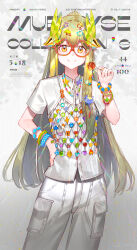 Rule 34 | 1girl, absurdres, arknights, blonde hair, candy, character name, closed mouth, cowboy shot, food, glasses, highres, holding, holding candy, holding food, holding lollipop, lollipop, long hair, looking at viewer, lyuqiu, muelsyse (arknights), pants, shirt, smile, solo, white pants, white shirt