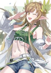 Rule 34 | 1girl, ;d, akekaede824, arknights, arm up, bare shoulders, blonde hair, commentary, cowboy shot, crop top, denim, denim shorts, elf, green sports bra, grey shorts, groin, highres, jacket, long hair, long sleeves, looking at viewer, midriff, mole, mole under eye, muelsyse (arknights), navel, off shoulder, one eye closed, open mouth, pointy ears, salute, short shorts, shorts, sidelocks, sleeveless, smile, solo, sports bra, standing, water, water drop, white jacket, yellow eyes