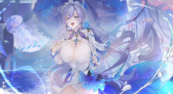 1girl absurdres blue_eyes blue_flower blush breasts cantarella_(wuthering_waves) cleavage commentary dress earrings facial_mark flower hair_between_eyes hair_flower hair_ornament headdress highres holding holding_umbrella jellyfish jewelry large_breasts leo795 long_hair long_sleeves looking_at_viewer mark_under_eye parasol purple_hair purple_nails purple_umbrella ripples shrug_(clothing) single_thighhigh skindentation solo symbol-only_commentary tacet_mark_(wuthering_waves) thighhighs thighs tongue tongue_out umbrella very_long_hair white_dress white_headdress white_shrug white_thighhighs wuthering_waves