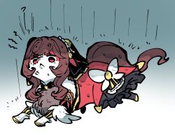 animal_ears animalization annoyed biting_own_lip black_bow black_bowtie bow bowtie brown_hair creature ears_back gentildonna_(umamusume) gradient_background grey_background highres hooves horse_tail no_humans rain red_eyes sidelocks tail takatsuki_nato umamusume wet wet_clothes wet_hair
