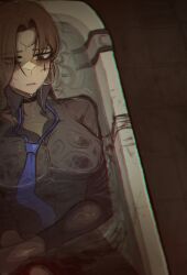 1girl absurdres armband bath bathtub black_choker black_eyeshadow black_shirt blank_eyes blood blue_necktie breasts brown_hair choker chromatic_aberration clothed_bath collared_shirt eyes_visible_through_hair eyeshadow hair_over_one_eye highres in_bathtub large_breasts limbus_company lobotomy_corporation long_hair long_sleeves makeup mascara messy_hair misg1111 necktie open_mouth parted_bangs partially_submerged project_moon rodion_(project_moon) runny_makeup shirt solo suicide tattoo teardrop_tattoo tiles undone_necktie water wet wet_clothes wet_shirt