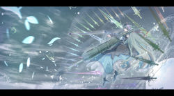 1girl amatsuki_rei aqua_eyes black_gloves blurry bow_(music) bug butterfly cello cloud commentary_request curly_hair depth_of_field dress elbow_gloves energy_sword falling_leaves fantasy female_focus fingerless_gloves flower frilled_dress frills full_body full_moon gauntlets gloves grey_hair grey_sky hair_between_eyes hair_flower hair_ornament hair_ribbon headdress high_heels highres holding holding_instrument insect instrument leaf letterboxed long_hair looking_at_viewer magic magic_circle midair moon official_art original outdoors red_ribbon ribbon sky sleeveless sleeveless_dress solo sword twilight very_long_hair weapon