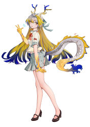 1girl :o absurdres alternate_costume arknights ass ass_peek atk15888 bare_legs black_shoes blonde_hair blue_hair chinese_commentary colored_extremities commentary_request dragon_girl dragon_horns dragon_tail earrings full_body grey_eyes grey_hair grey_skirt hair_between_eyes highres horns jewelry lifted_by_tail lifting_own_clothes long_hair looking_at_viewer mary_janes miniskirt neck_ribbon no_socks open_mouth orange_pupils orange_ribbon partial_commentary plaid_clothes plaid_skirt pleated_skirt pointy_ears ribbon shirt shoes short_sleeves shu_(arknights) simple_background skirt solo sparkle standing tail tail_raised w white_background yellow_shirt
