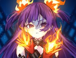 1girl breasts choker cleavage collarbone crying fire gloves hair_ornament highres long_hair looking_at_viewer nekoashi_tsubomi night night_sky nogiro_(usa_ru) orange_eyes orange_gloves parted_lips purple_hair sky solo star_(sky) starry_sky tears upper_body world_dai_star