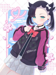 1girl absurdres aqua_eyes asymmetrical_bangs black_choker black_hair bow bowtie choker collared_shirt commentary_request creatures_(company) earrings eyelashes game_freak hair_bow hand_up heart highres jacket jewelry light_blush long_sleeves lororaim66 marnie_(academy)_(pokemon) marnie_(pokemon) medium_hair nintendo official_alternate_costume pink_bow pink_bowtie pleated_skirt pokemon pokemon_masters_ex shirt skirt solo vest white_bow white_shirt
