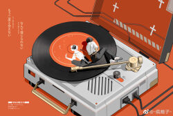1boy absurdres black_hair black_pants cable collared_shirt covering_face earbuds earphones feng_maozi full_body hands_on_own_face highres ikari_shinji listening_to_music lying male_focus mini_person miniboy nagisa_kaworu neon_genesis_evangelion on_side pants phonograph record red_background school_uniform shirt shoes short_hair simple_background sneakers solo star_(sky) tokyo-3_middle_school_uniform translation_request watermark weibo_watermark white_shirt white_shoes