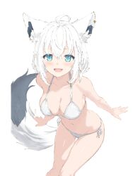 1girl ahoge animal_ear_fluff animal_ear_piercing animal_ears bikini black_tail blue_eyes braid breasts daimyojin_t fox_ears fox_girl fox_tail hair_between_eyes highres hololive multicolored_tail open_mouth pentagram shirakami_fubuki side-tie_bikini_bottom side_braid single_braid smile swimsuit tail thigh_gap thighs virtual_youtuber white_bikini white_hair white_tail
