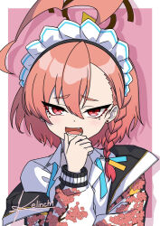 Rule 34 | 1girl, ahoge, blue archive, braid, earrings, fang, hair between eyes, huge ahoge, jacket, jewelry, kelinch1, long sleeves, looking at viewer, maid headdress, mole, mole under each eye, mole under eye, multiple moles, neru (blue archive), open mouth, orange hair, print jacket, red eyes, single braid, solo, stud earrings, sukajan, upper body