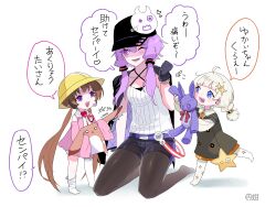 3girls a.i._voice ahoge artist_logo babysitter baseball_cap belt black_dress black_gloves black_jacket black_pantyhose black_shorts bloomers blue_eyes blunt_bangs blush braid brooch brown_hair cevio collared_dress collared_shirt commentary_request criss-cross_halter detached_sleeves dress gloves halter_shirt halterneck hand_up hat headphones heart heart_brooch highres holding holding_stuffed_toy jacket jacket_on_shoulders jewelry kizuna_akari kizuna_akari_(moe) kneeling layered_sleeves logo long_hair long_sleeves looking_at_another loose_thighhigh low_twintails marutsubo mask_on_hat medium_hair microphone multicolored_jacket multiple_girls name_tag open_mouth orange_skirt pantyhose pantyhose_under_shorts pink_dress playing purple_belt purple_eyes purple_hair purple_jacket quilted_clothes school_hat shirt shirt_under_dress short_dress short_hair_with_long_locks short_over_long_sleeves short_shorts short_sleeves shorts simple_background skirt sleeves_past_fingers sleeves_past_wrists smile sparkle_hair_ornament stuffed_animal stuffed_rabbit stuffed_toy thighhighs translated tsukuyomi_ai twin_braids twintails two-tone_jacket underwear very_long_hair voiceroid white_background white_bloomers white_hair white_pantyhose white_shirt white_thighhighs yuzuki_yukari yuzuki_yukari_(nagi)