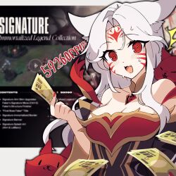1girl @_@ ahri_(league_of_legends) animal_ears bare_shoulders blush breasts cleavage facial_mark fang fingernails forehead fox fox_ears fox_tail fuiyu_(feuille0818) highres holding holding_money immortalized_legend_ahri league_of_legends long_hair looking_at_viewer money nail_polish open_mouth parted_bangs red_nails sidelocks solo surprised sweatdrop tail upper_body whisker_markings white_hair