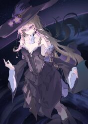 1girl absurdres black_boots black_choker black_dress boots breasts brown_hair choker closed_mouth commentary_request detached_sleeves dress feet_out_of_frame flower hat hat_flower herta_(honkai:_star_rail) highres honkai:_star_rail honkai_(series) long_hair miku_rasha open_mouth outdoors purple_eyes purple_hat shaded_face sky small_breasts standing star_(sky) starry_sky strapless strapless_dress the_herta_(honkai:_star_rail) witch_hat
