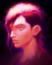 1girl arcane:_league_of_legends black_background blue_eyes ear_piercing expressionless face_piercing facial_tattoo fade_(haircut) glowing hair_over_one_eye haze highres league_of_legends neck_tattoo nose_piercing nose_ring piercing pink_hair portrait scar scar_across_eyebrow scar_on_face scar_on_lip sherry_(shrylia) solo swept_bangs tattoo vi_(league_of_legends)