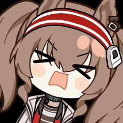 &gt;_&lt; 1girl angelina_(arknights) animal_ears animated animated_gif arknights blush brown_hair chinese_commentary chunye_haruya coat commentary_request earpiece fox_ears hair_between_eyes hairband infection_monitor_(arknights) jacket long_hair lowres material_growth open_clothes open_coat open_jacket open_mouth oripathy_lesion_(arknights) red_eyes red_hairband red_jacket second-party_source shouting solo striped_clothes striped_hairband transparent_background twintails two-tone_hairband white_coat