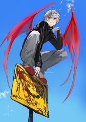 Rule 34 | 1boy, absurdres, black jacket, blood, blood splatter, cloud, commentary, demon wings, dot nose, ear piercing, earrings, elbow on knee, english text, eyelashes, grey pants, hashtag-only commentary, highres, jacket, jewelry, kuzuha (1st costume) (nijisanji), kuzuha (nijisanji), long sleeves, looking at viewer, male focus, multiple earrings, nijisanji, pants, parted bangs, parted lips, piercing, pointy ears, red eyes, red shoes, red wings, road sign, shoes, sign, sky, slippers, smirk, solo, squatting, track jacket, virtual youtuber, white hair, wings, zipper, zipper pull tab, znjxlz
