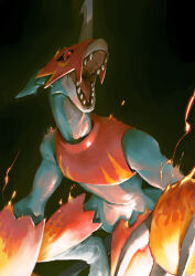 armor black_background blue_scales bly_mead cowboy_shot digimon digimon_(creature) dragon fire fladramon helmet highres horns open_mouth red_armor red_eyes red_helmet sharp_teeth single_horn solo teeth