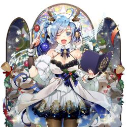 1girl ahoge antlers bell belt_ribbon blue_eyes blue_hair blue_ribbon breasts brown_gloves brown_pantyhose detached_sleeves dress fingerless_gloves gloves hair_bell hair_ornament horns large_breasts long_hair off-shoulder_dress off_shoulder open_mouth pantyhose poseidon_(uchihime) reindeer reindeer_antlers ribbon rowe side_ponytail stained_glass uchi_no_hime-sama_ga_ichiban_kawaii white_dress