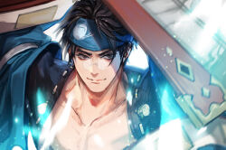 1boy arm_up blue_headband blue_kimono brown_eyes brown_hair closed_mouth collarbone commentary_request glasses guilty_gear guilty_gear_strive hand_fan headband holding holding_fan japanese_clothes kimono kuroba.k light_particles looking_to_the_side male_focus mito_anji pince-nez rimless_eyewear short_hair sideways_glance smile solo upper_body