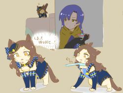 1girl animal animalization blue_hair brown_background brown_eyes brown_hair cat clothed_animal code:escape_(idolmaster) commentary_request hat highres hutaba idolmaster idolmaster_million_live! idolmaster_million_live!_theater_days kisaragi_chihaya kitazawa_shiho long_hair mini_hat multiple_views sweatdrop