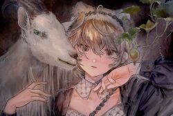 1girl animal artist_name black_background brown_eyes brown_hair goat hair_between_eyes hands_up highres leaf looking_at_viewer original plant portrait solo ueno_zousui