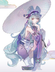 1girl absurdres aji_11300913 aqua_hair black_bow blunt_sidelocks bow closed_mouth commentary_request detached_sleeves dress footwear_request from_side full_body genshin_impact gradient_eyes hair_ornament hand_on_own_face highres holding holding_umbrella long_hair looking_at_viewer maid_headdress multicolored_eyes oil-paper_umbrella pointy_ears purple_dress purple_sleeves purple_umbrella sash sidelocks smile socks solo squatting tassel tiptoes twitter_username umbrella very_long_hair vision_(genshin_impact) white_background white_sash white_socks yumemizuki_mizuki