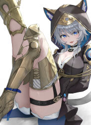 Rule 34 | 1girl, absurdres, animal ear fluff, animal ears, armored boots, blue eyes, boots, bound, bound arms, breasts, captured, cat ears, cat tail, cipher (honkai: star rail), cleavage, fang, grey hair, highres, honkai: star rail, honkai (series), hood, leg up, medium breasts, mole, mole on chest, rope, skin fang, sweat, tail, thigh strap, thighs, zo (nphm3333)