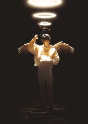 1boy angel angel_wings black_hair bug butterfly closed_mouth commentary_request faceless faceless_male feathered_wings full_body halo hand_up highres holding hood hoodie insect long_sleeves looking_at_viewer male_focus original pants rido_(ridograph) short_hair sleeves_past_fingers sleeves_past_wrists smile solo standing string white_hoodie white_pants wings