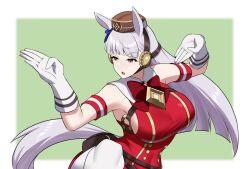 1girl absurdres altronage animal_ears armband belt belt_pouch black_hat blunt_bangs boots bow bowtie breasts brown_hat buttons commentary double-breasted dress ear_bow ear_covers english_commentary gloves gold_ship_(umamusume) grey_hair grin hat high_heel_boots high_heels highres horse_ears horse_girl horse_tail large_breasts lips long_hair looking_at_viewer pantyhose pillbox_hat pouch purple_eyes red_bow red_bowtie red_dress short_dress sleeveless sleeveless_dress smile solo standing straight_hair tachi-e tail teeth tight_clothes umamusume v-shaped_eyebrows white_boots white_gloves