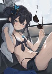 1girl absurdres alternate_costume bikini black_bikini black_hair black_shorts blue_archive breasts butterfly_hair_ornament double_bun hair_bun hair_ornament halo highres holding holding_removed_eyewear holding_towel kisaki_(blue_archive) loli long_hair looking_at_viewer navel rosu_1109 shorts sitting small_breasts solo stomach sunglasses swimsuit towel unworn_eyewear wet