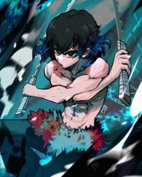 1boy abs black_hair blue_hair closed_mouth crossed_arms hair_between_eyes hashibira_inosuke highres holding holding_weapon kimetsu_no_yaiba lv5plant male_focus medium_hair signature smoke solo topless_male weapon
