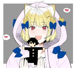 1girl ahoge amakara_senbe animal_ear_fluff animal_ears arcueid_brunestud blonde_hair blue_bow bow cat_ears cat_girl crescent crescent_hair_ornament crescent_moon fate/grand_order fate_(series) fingerless_gloves gloves hair_ornament headphones hood hoodie moon open_clothes open_hoodie phantas-moon phantas-moon_(second_ascension) pink_hoodie pixel_art portrait short_hair tohno_shiki tsukihime tsukihime_(remake) upper_body