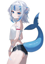 1girl absurdres alternate_costume bandaid bandaid_on_arm bandaid_on_leg black_shorts blue_eyes blue_hair blunt_bangs camisole closed_mouth commentary dolphin_shorts fins fish_tail from_side gawr_gura grey_hair highres hololive hololive_english kkato long_hair looking_at_viewer midriff multicolored_hair shark_girl shark_tail short_shorts shorts simple_background smile solo spaghetti_strap streaked_hair symbol-only_commentary tail two_side_up virtual_youtuber white_camisole
