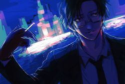 1boy black_hair blue_background blue_sky blue_theme building cigarette formal_clothes glasses hypnosis_mic iruma_jyuto male_focus necktie outdoors owo_hpm sketch sky solo suit