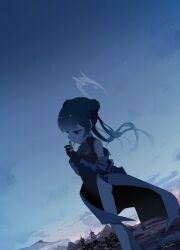 1girl black_coat black_gloves black_hair blue_archive china_dress chinese_clothes coat double_bun dragon_print dress gloves hair_bun halo highres kisaki_(blue_archive) lighting_cigarette night night_sky outdoors signature sky sleeveless sleeveless_dress smoke solo striped_coat uracine_(zakozako1919) vertical-striped_coat
