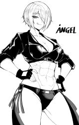 1girl abs absurdres alternate_muscle_size angel_(kof) backless_pants bra breasts chaps cleavage crop_top cropped_jacket fingerless_gloves gloves greyscale hair_over_one_eye highres jacket large_breasts leather leather_jacket licking_lips looking_at_viewer midriff monochrome muscular muscular_female narrowed_eyes navel obliques panties pants short_hair simple_background smile snk solo stomach strapless strapless_bra the_king_of_fighters the_king_of_fighters_xiv thick_thighs thighs toned tongue tongue_out underwear white_hair yones81239278
