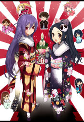 1boy 6+girls :d aki_(mare_desiderii) aoyama_mio black_eyes black_hair blonde_hair blush_stickers bow brown_hair cat chibi elysia_de_lute_ima floral_print full_body fur_trim glasses hair_bow hair_ornament hairband hairdressing hand_to_own_mouth haqua_d&#039;rot_herminium highres japanese_clothes kadomatsu kami_nomi_zo_shiru_sekai katsuragi_keima kimono kosaka_chihiro letterboxed light_particles long_hair looking_at_viewer multiple_girls nail_polish nakagawa_kanon obi open_mouth pink_eyes pink_hair ponytail purple_hair red_eyes rising_sun_flag sandals sash shiomiya_shiori short_hair skull skull_hair_ornament skull_print smile solid_circle_eyes sunburst takahara_ayumi twintails yagasuri |_|