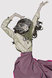 Rule 34 | 1girl, arms up, black ribbon, brown background, brown hair, closed eyes, commentary, cowboy shot, english commentary, fear &amp; hunger (series), fear &amp; hunger 2: termina, grin, highres, long hair, long sleeves, marina (fear &amp; hunger), neck ribbon, pankepen, pink skirt, ribbon, shirt, shirt tucked in, simple background, skirt, smile, solo, white shirt