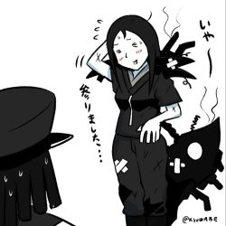 Rule 34 | &gt; &lt;, 10s, 1boy, 1girl, abyssal admiral (kancolle), admiral (kancolle), admiral suwabe, arm behind head, bandaid, bandaid on leg, black hair, black pants, black shirt, closed eyes, comic, commentary request, damaged, dreadlocks, hat, k-suwabe, kantai collection, long hair, monochrome, open mouth, pants, parted bangs, rigging, ru-class battleship, shirt, short hair, short sleeves, smile, spot color, sweatdrop, translated, twitter username, white background