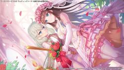 Rule 34 | 2girls, ahoge, arm around waist, assault lily, bare shoulders, blue eyes, blue gemstone, blue hair, blunt bangs, blurry, blurry background, blush, bouquet, bow, bowtie, breasts, bridal veil, bride, brown bow, brown bowtie, brown hair, candle, church, closed mouth, clothing cutout, commentary request, copyright notice, dress, dress flower, dutch angle, earrings, elbow gloves, eye contact, falling petals, feet out of frame, female focus, floating hair, flower, flower wreath, formal clothes, frilled dress, frills, gem, glint, gloves, gradient hair, grey hair, grey jacket, grey pants, hair between eyes, hand on another&#039;s waist, head wreath, holding, holding bouquet, holding candle, indoors, jacket, jewelry, kanabako misora, layered dress, light particles, long hair, long sleeves, looking at another, medium breasts, mozuna noa, multicolored hair, multiple girls, nyansan oekaki, official alternate costume, official art, open clothes, open jacket, pant suit, pants, pendant, petals, pink bow, pink flower, red flower, red ribbon, red rose, ribbon, rose, see-through clothes, see-through veil, shirt, side-by-side, side cutout, sidelocks, single earring, sleeveless, sleeveless dress, smile, standing, stomach cutout, suit, thigh bow, thighhighs, two-tone hair, veil, very long hair, wedding dress, white bow, white dress, white flower, white gloves, white shirt, white thighhighs, white veil, wife and wife, window, yellow flower, yuri