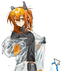 1girl a.i._voice adachi_rei black_shirt black_sleeves cursor hair_between_eyes hair_ribbon headlamp highres hirune_(suiminbusoku118) hose jacket long_sleeves open_clothes open_jacket orange_eyes orange_hair radio_antenna ribbon shirt side_ponytail simple_background solo transparent_background upper_body utau wet wet_clothes wet_jacket wet_shirt white_background white_ribbon