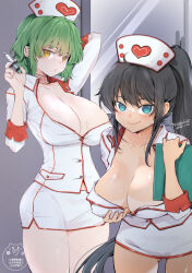 2girls bikini_tan blue_eyes bob_cut breasts cleavage clipboard dark-skinned_female dark_skin drooping gluteal_fold green_hair hand_on_own_chest hat heart heart_print high_ponytail hikage_(senran_kagura) holding holding_syringe homura_(senran_kagura) kinako_(mzknk0) large_breasts long_hair looking_at_viewer medium_hair multiple_girls night nurse nurse_cap ponytail senran_kagura sweat syringe tan tanline yellow_eyes