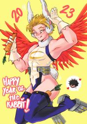 1boy 2023 :q animal_ears bare_shoulders blonde_hair blue_thighhighs boku_no_hero_academia carrot chibi chinese_zodiac cosplay crossdressing dabi_(boku_no_hero_academia) facial_hair feathered_wings feathers gloves hawks_(boku_no_hero_academia) heattech_leotard highleg highres leotard looking_at_viewer male_focus mature_male mirko mirko_(cosplay) muscular muscular_male ori_(oriorichannn) pectorals rabbit_ears rabbit_tail red_feathers red_wings short_hair simple_background sleeveless sleeveless_turtleneck sleeveless_turtleneck_leotard solo superhero_costume tail thick_thighs thighhighs thighs tongue tongue_out turtleneck white_gloves white_leotard wings year_of_the_rabbit yellow_background