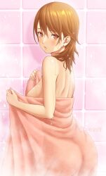 1girl ass blush breasts brown_eyes brown_hair commentary cowboy_shot earrings english_commentary from_behind from_side hair_behind_ear hair_between_eyes highres holding holding_towel jewelry looking_at_viewer looking_back masatoshi_1219 medium_breasts medium_hair nail_polish naked_towel parted_lips persona persona_3 pink_lips pink_nails short_hair showering sideboob solo stud_earrings takeba_yukari tile_wall tiles towel twitter_username water_drop wet wet_hair
