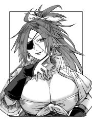 1girl breasts cibamatoxins cleavage commentary_request detached_sleeves earrings eyepatch facial_scar fate/grand_order fate_(series) francis_drake_(fate) front-tie_top highres huge_breasts jewelry necklace ponytail scar scar_on_cheek scar_on_face scar_on_forehead smile solo twitter_username upper_body