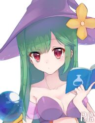 1girl artist_name bare_shoulders book bra breasts closed_mouth elona flower green_hair hair_over_eyes hat highres holding holding_book holding_staff looking_at_viewer mage_staff pink_eyes pointing pointing_to_the_side pupa_jiang purple_bra purple_hat red_eyes see-through_clothes see-through_sleeves short_sleeves signature staff underwear wand witch witch_hat yellow_flower