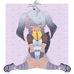 1girl :&lt; ankle_bow ankle_ribbon arm_wrap between_legs bird_girl bird_tail bird_wings blue_eyes blush border bow closed_mouth commentary dark-skinned_female dark_skin fishnet_top fishnets full_body grey_hair grey_kimono hair_between_eyes hand_between_legs head_wings japanese_clothes kemono_friends kemono_friends_3 kimono leg_wrap looking_at_viewer majikaru_pokonyan official_alternate_costume official_alternate_hairstyle outside_border ribbon sandals sash scarf shoebill_(ex)_(kemono_friends) shoebill_(kemono_friends) short_kimono short_sleeves sitting solo straight-on symbol-only_commentary tail topknot white_border white_bow wings zipper zipper_pull_tab zouri