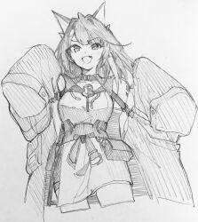 1girl :d absurdres ahoge arknights coat commentary cropped_legs dress fang greyscale hands_up hatching_(texture) highres huge_ahoge linear_hatching looking_at_viewer material_growth mon3tr_(arknights) monochrome open_mouth oripathy_lesion_(arknights) pouch senpuki short_dress sleeves_past_fingers sleeves_past_wrists smile solo standing