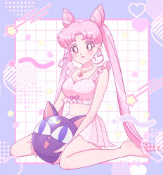 Rule 34 | aged up, bare shoulders, barefoot, bishoujo senshi sailor moon, breasts, brooch, chibi usa, cleavage, collarbone, cone hair bun, crescent, crescent facial mark, double bun, facial mark, hair bun, halterneck, heart, heart brooch, highres, jewelry, long hair, luna-p, midriff, necklace, open mouth, parted bangs, pink brooch, pink hair, pink skirt, plaid clothes, plaid skirt, red eyes, sitting, skirt, small lady serenity, smile, twintails, very long hair, wariza, yumeko (yumemexx)