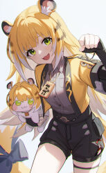 Rule 34 | 1girl, :3, absurdres, animal ear fluff, animal ears, black bow, black gloves, black shorts, blonde hair, bow, breasts, buttons, chinese commentary, claw pose, collared shirt, colored inner hair, commentary request, cropped jacket, doro (nikke), elbow gloves, fang, fingerless gloves, gloves, goddess of victory: nikke, green eyes, grey shirt, hand up, head tilt, high-waist shorts, highres, holding, jacket, ju fufu, long hair, looking at viewer, multicolored hair, open mouth, shali, shirt, shirt tucked in, shorts, sidelocks, simple background, small breasts, smile, solo, standing, streaked hair, tail, tail bow, tail ornament, thigh strap, thighs, tiger ears, tiger girl, tiger tail, very long hair, white background, yellow jacket, zenless zone zero