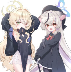 2girls absurdres alternate_costume animal_ear_fluff animal_ears armpits beret black_coat black_gloves black_hair black_hat black_jacket black_pantyhose black_sailor_collar black_serafuku blonde_hair blue_archive blue_halo blush bow bowtie breasts cane china_dress chinese_clothes coat commentary_request cosplay covered_navel cowboy_shot diamond_cutout dress fluffy_hair gloves gnoet green_eyes grey_hair hair_between_eyes halo hat highres holding holding_cane jacket kokona_(blue_archive) kokona_(blue_archive)_(cosplay) long_hair looking_at_viewer mouth_hold multicolored_hair multiple_girls no_panties one_eye_closed open_clothes open_coat open_mouth pantyhose professor_niyaniya_(blue_archive) professor_niyaniya_(blue_archive)_(cosplay) red_bow red_bowtie sailor_collar school_uniform see-through_clothes see-through_skirt serafuku side_ahoge simple_background skirt small_breasts smile standing streaked_hair striped_clothes striped_dress striped_jacket tiger_ears vertical-striped_clothes vertical-striped_dress vertical-striped_jacket very_long_hair white_background white_hair yellow_halo