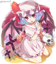 1girl :p ascot bat_wings blue_hair brown_shoes collared_shirt commentary_request cross eye_trail fang finger_to_mouth frilled_shirt_collar frills hat hat_ribbon light_trail mob_cap pink_hat pink_shirt pink_skirt puffy_short_sleeves puffy_sleeves ramudia_(lamyun) red_ascot red_eyes red_nails red_ribbon remilia_scarlet ribbon ribbon-trimmed_skirt ribbon_trim shirt shoes short_hair short_sleeves sitting skirt skull socks solo tongue tongue_out touhou twitter_username wariza white_socks wings wrist_cuffs